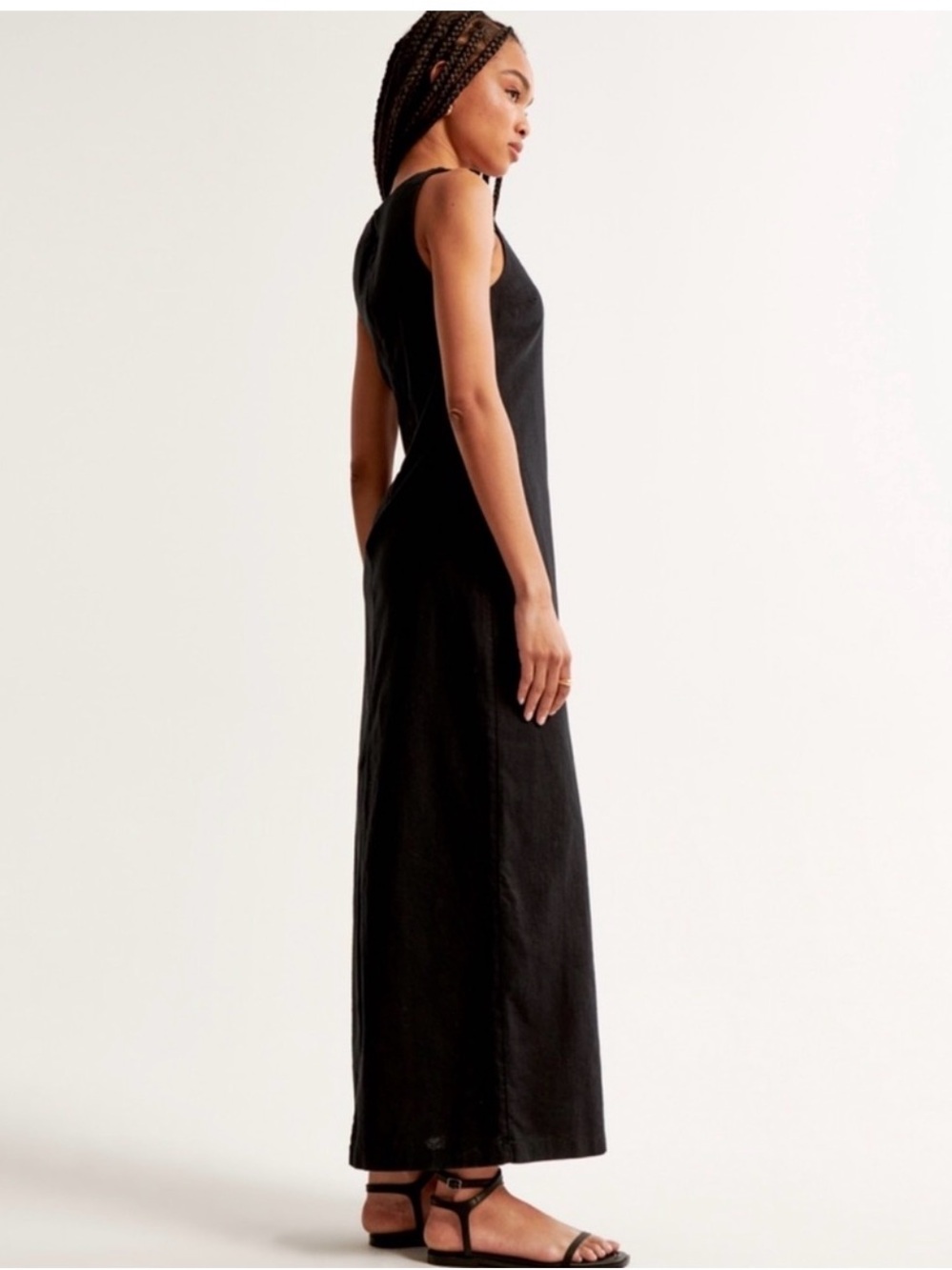 Abercrombie Linen Blend Shift Maxi Dress Black Square Neck Medium - Picture 4 of 5